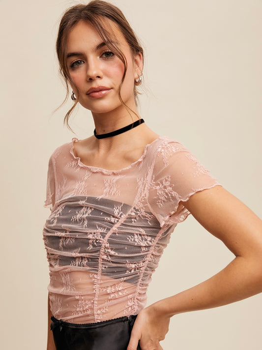 Living Lux Short Sleeve Mesh Layering Lace Top Blush