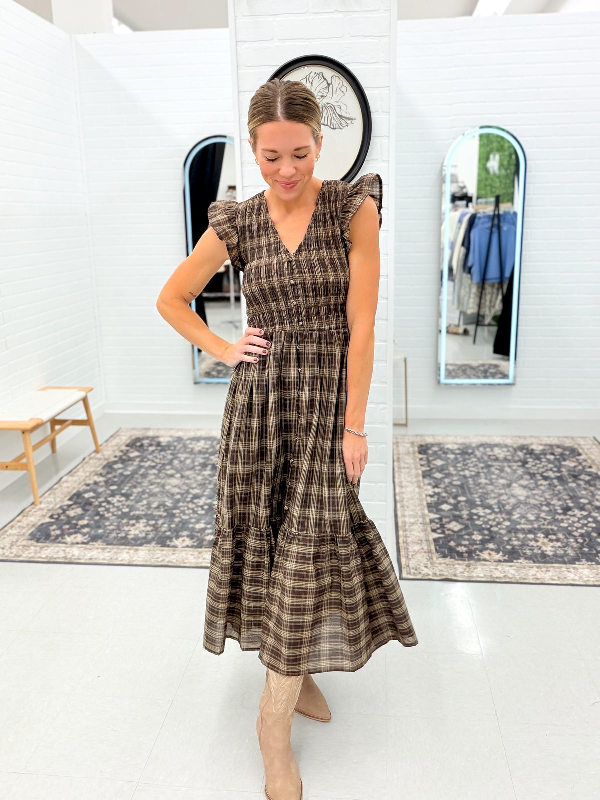 Pretty In Plaid Smocked Button Detail Ruffle Midi Dress Brown