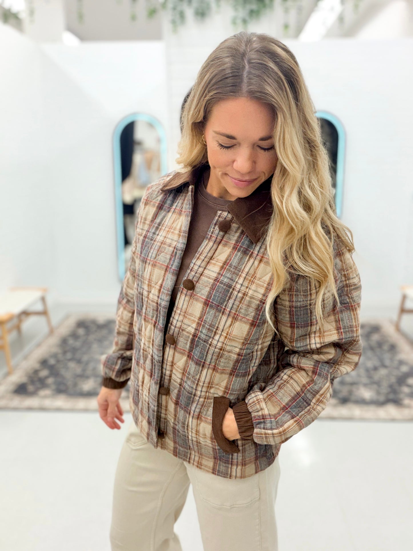 Cool Girl Quilted Plaid Jacket Taupe