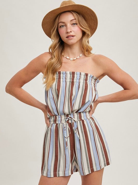 Docked Striped Smocked Top And Shorts Set Brown
