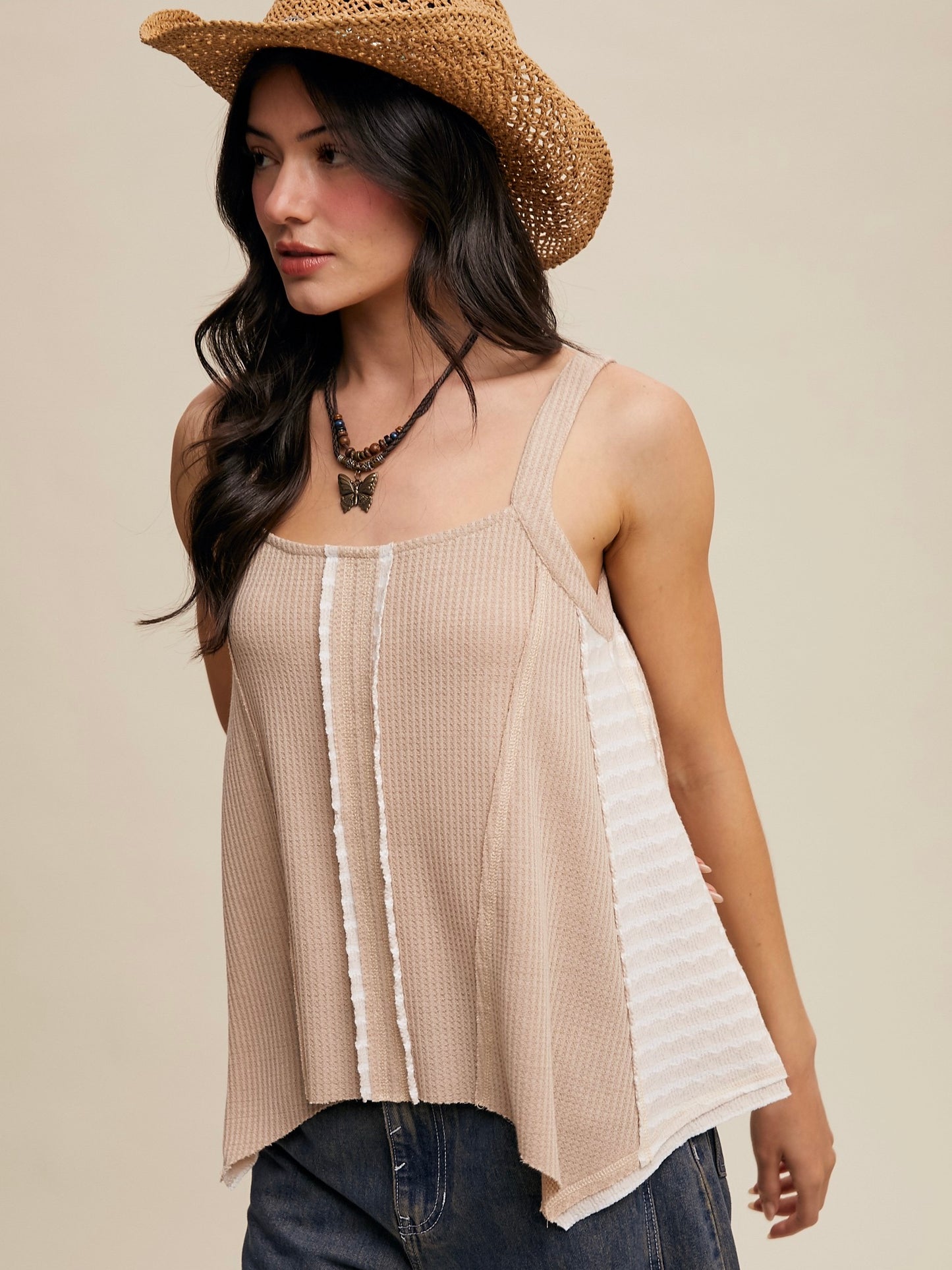 Carry On Contrast Stripe Thermal Tank Taupe