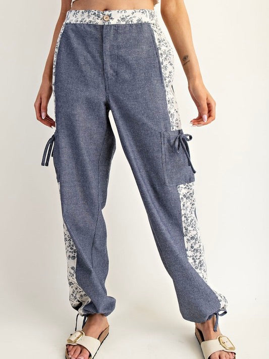 Morning View Washed Floral Contrast Pants Navy