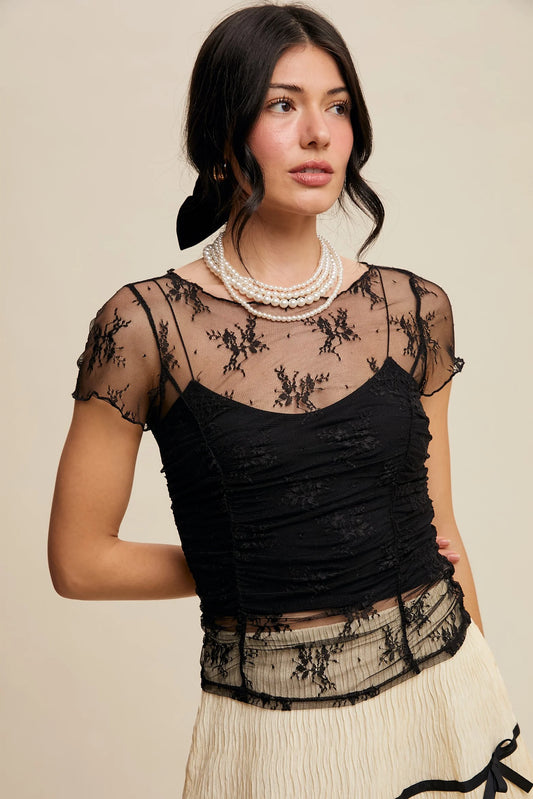 Living Lux Short Sleeve Mesh Layering Lace Top Black