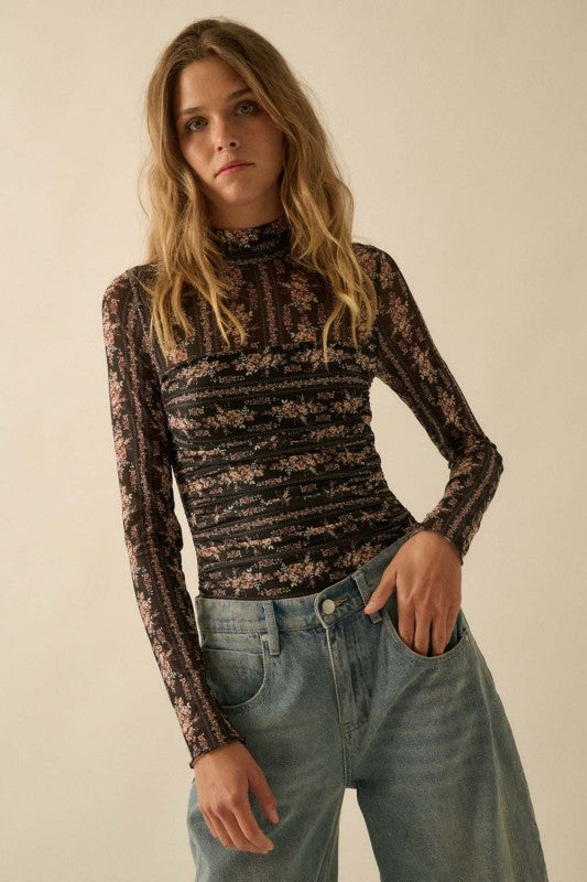 Lucky Me Floral Print Mesh Ruched Mock Neck Bodysuit
