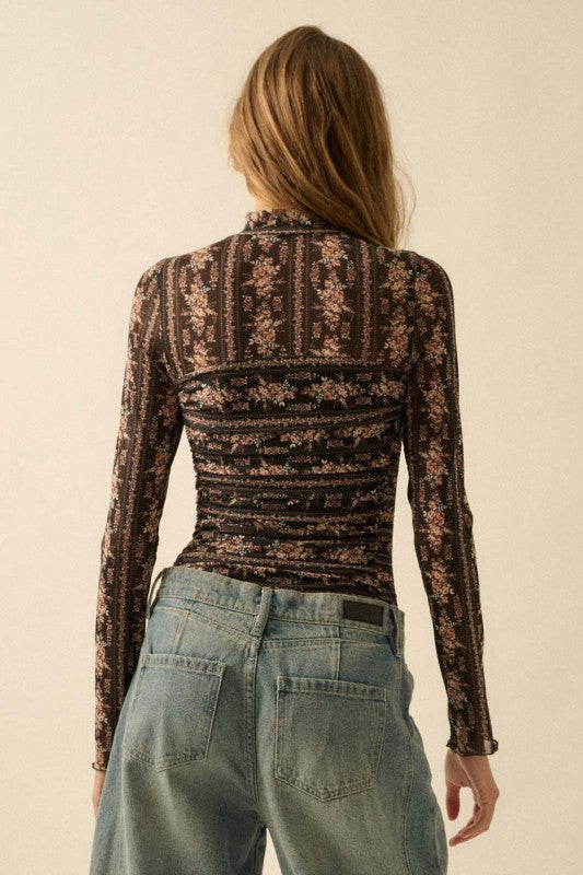 Lucky Me Floral Print Mesh Ruched Mock Neck Bodysuit