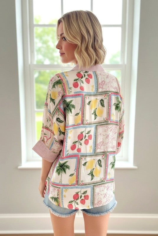 Vacation Mode Pinstripe Blocked Fruit Button Down Shirt