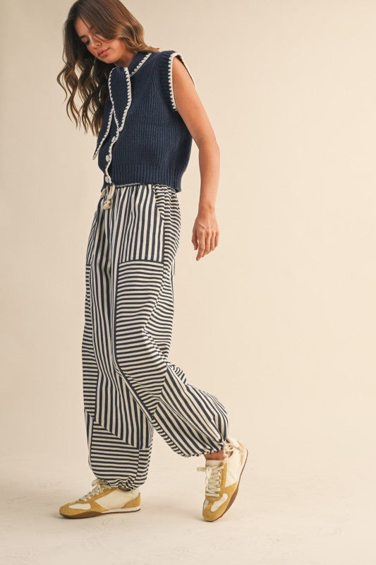 Mixed Up Stripe Parachute Pants Navy