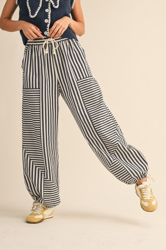 Mixed Up Stripe Parachute Pants Navy
