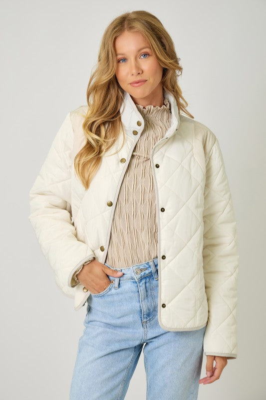 She Meant It Color Block Quilt Padded Jacket Ivory