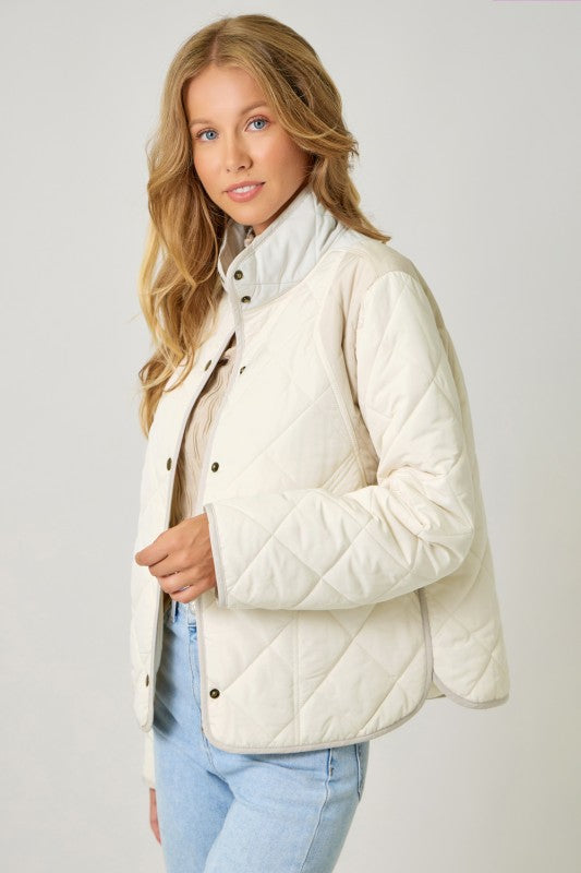 She Meant It Color Block Quilt Padded Jacket Ivory