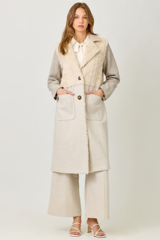 Forever Home Color Block Long Luxury Coat Oatmeal