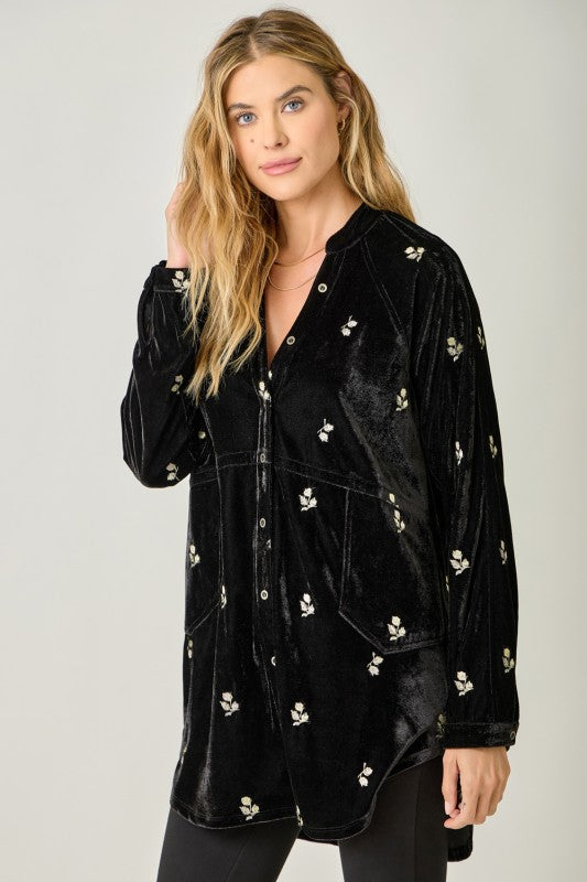 Shine On Embroidered Velvet Shirt Black