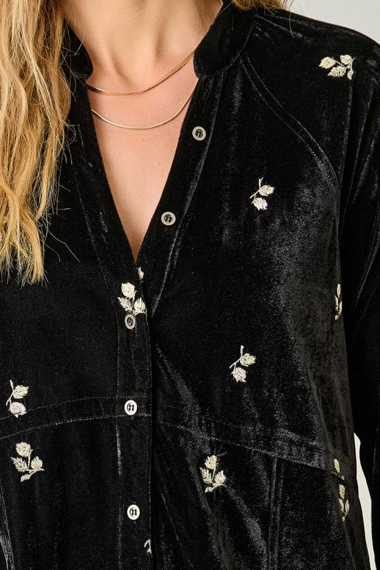 Shine On Embroidered Velvet Shirt Black