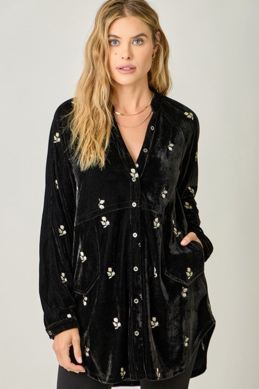 Shine On Embroidered Velvet Shirt Black
