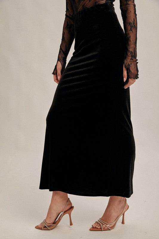 Up For It Velvet Maxi Skirt Black