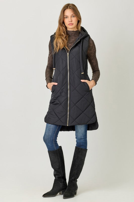 This Way Quilted Puffer Long Hooded Vest Black