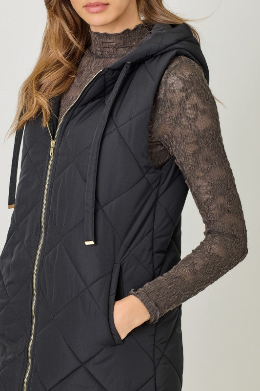 This Way Quilted Puffer Long Hooded Vest Black