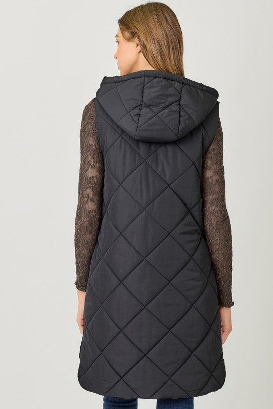 This Way Quilted Puffer Long Hooded Vest Black
