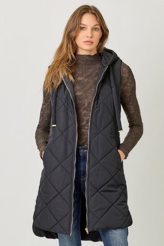 This Way Quilted Puffer Long Hooded Vest Black