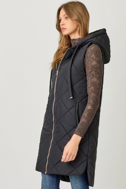 This Way Quilted Puffer Long Hooded Vest Black