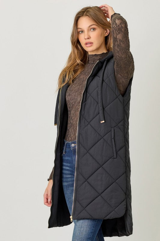 This Way Quilted Puffer Long Hooded Vest Black