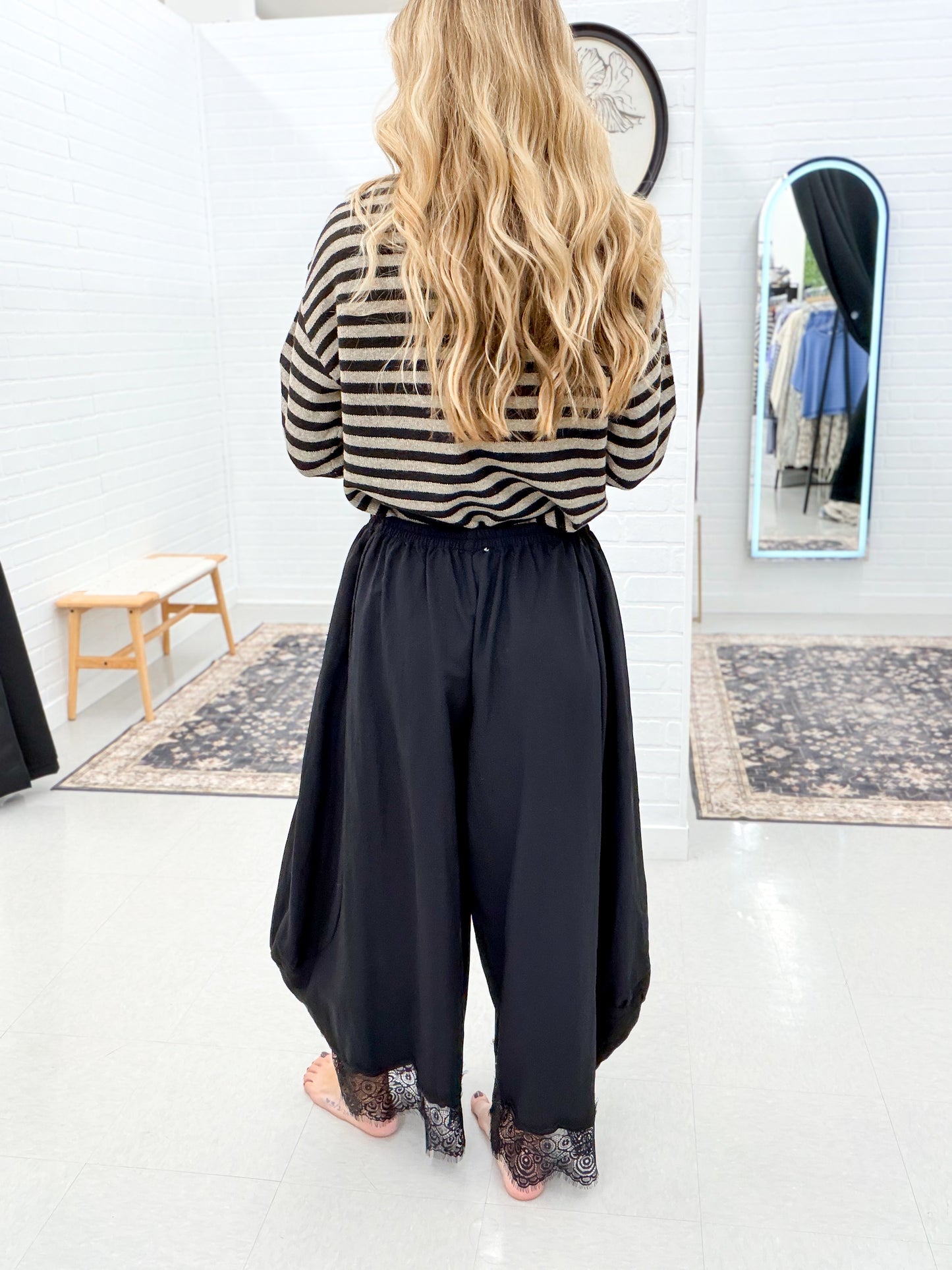 Her Song Flowy Balloon Leg Pants With Lace Trim Black