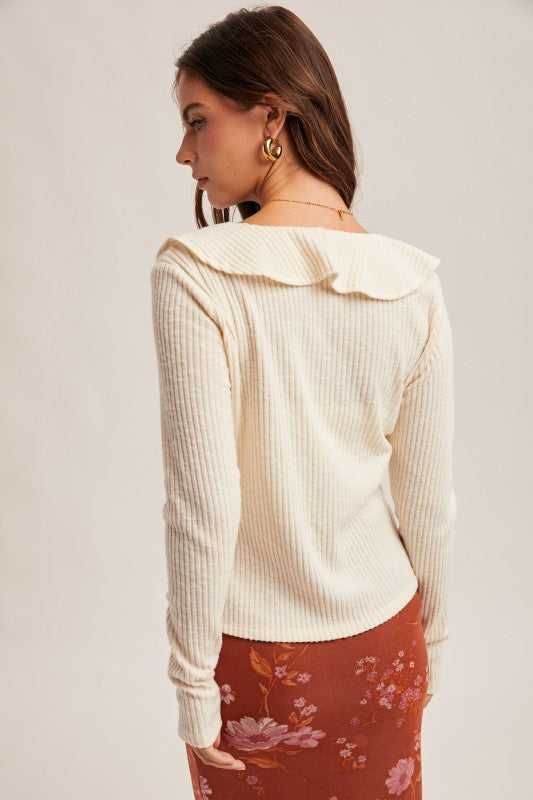 Radiant Ruffle Long Sleeve Ribbed Cardigan Top Ivory