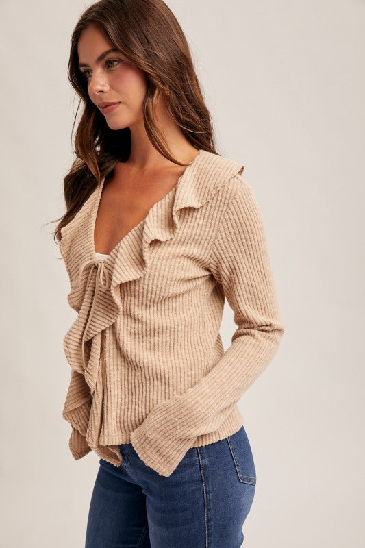 Radiant Ruffle Long Sleeve Ribbed Cardigan Top Taupe