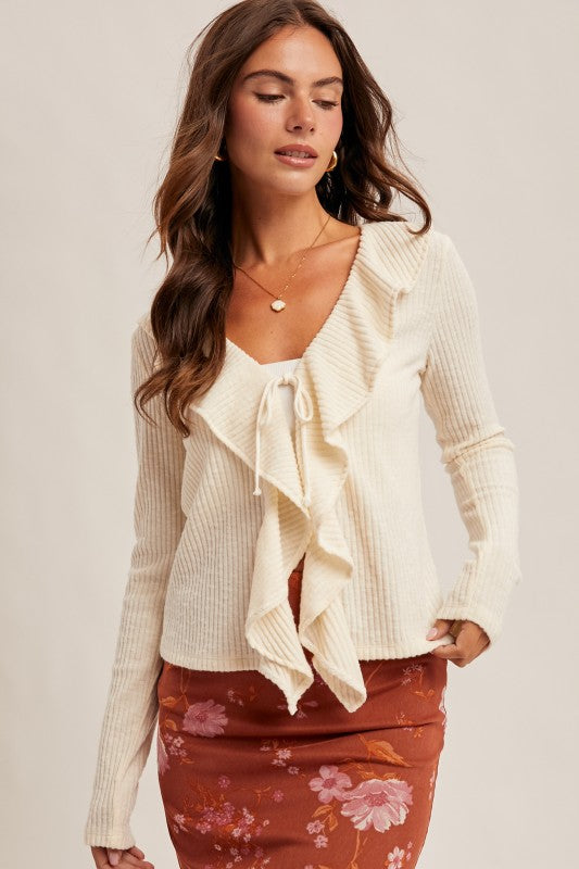 Radiant Ruffle Long Sleeve Ribbed Cardigan Top Ivory