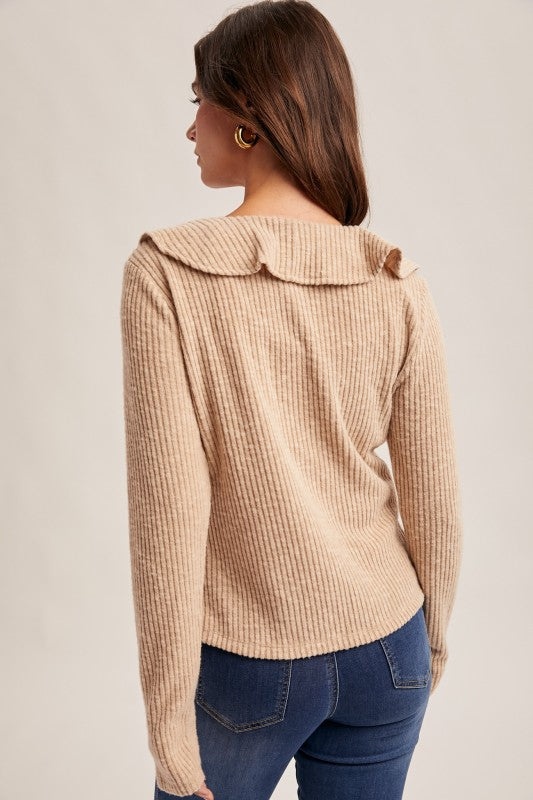 Radiant Ruffle Long Sleeve Ribbed Cardigan Top Taupe