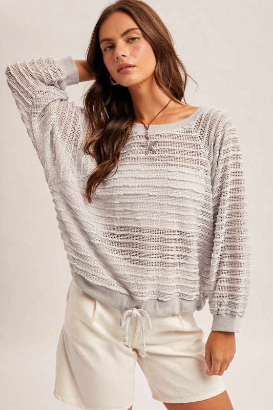 Went For It Raglan Sleeve Textured Top Stone