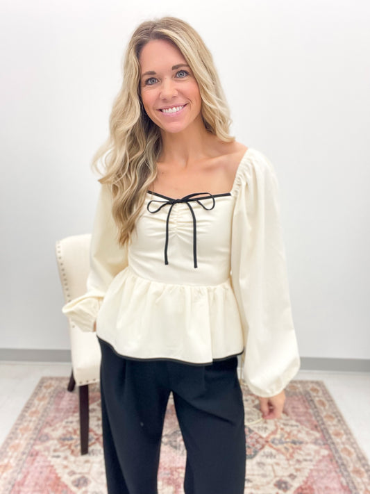 Sweet To Me Bow Detail Peplum Top Cream/Black