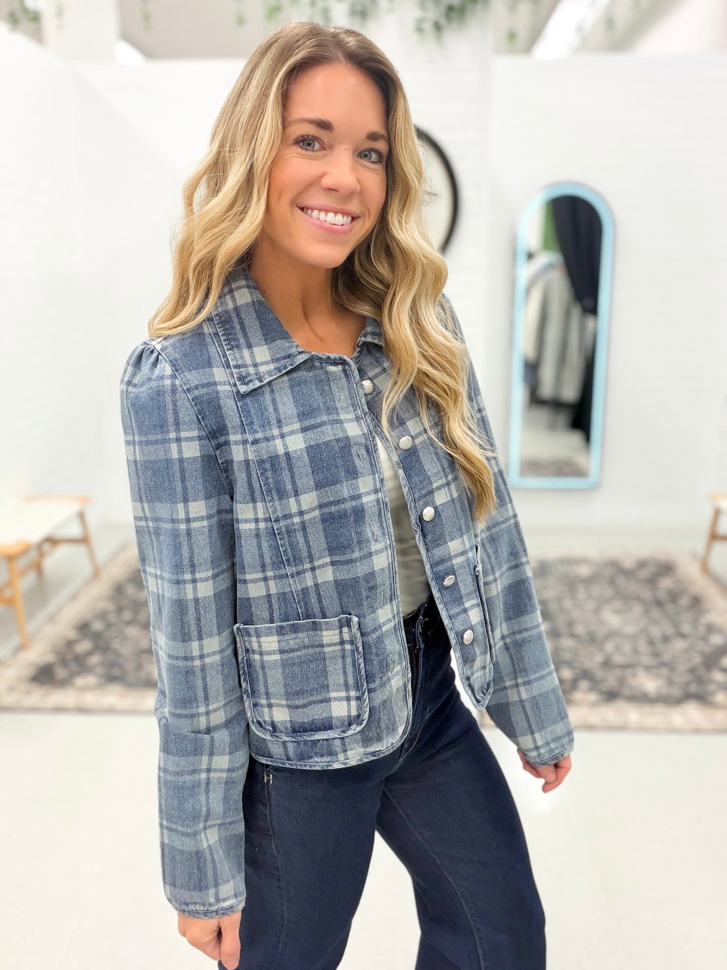 Stay Chic Denim Plaid Button Front Jacket