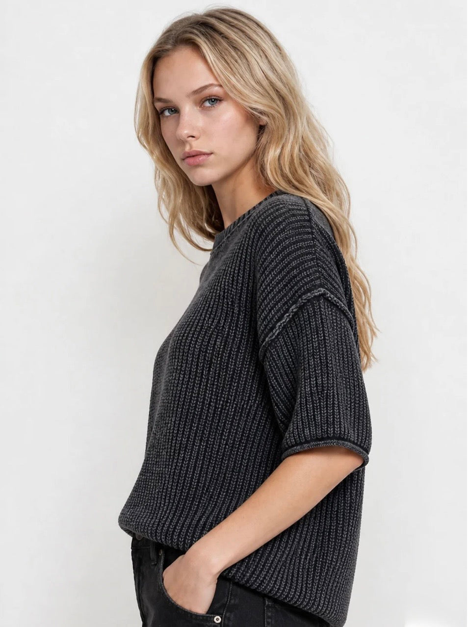 Here For You Washed Crew Short Sleeve Knit Sweater Black