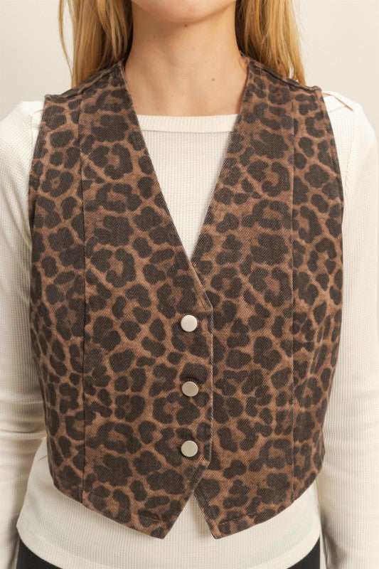 Taking Sides Leopard Print Denim Vest