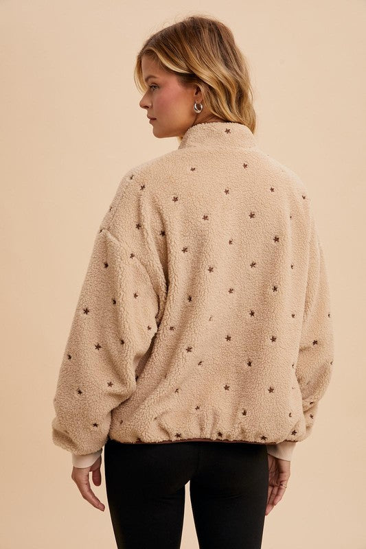 The Sadie Star Embroidered Fleece Jacket Tan