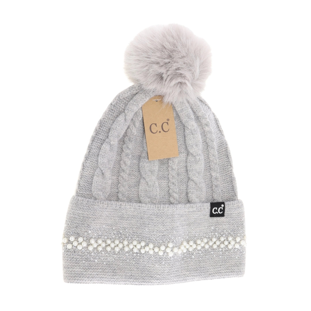 C.C Pearl Embellished Pom Beanie Light Gray
