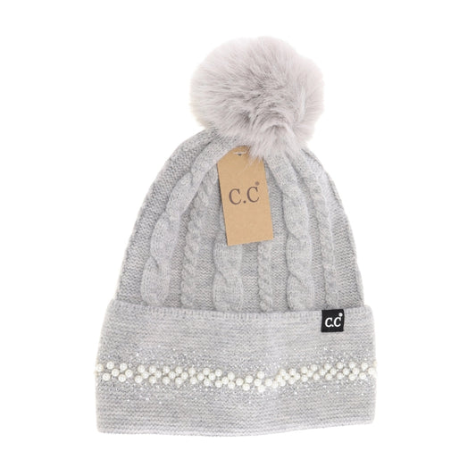 C.C Pearl Embellished Pom Beanie Light Gray