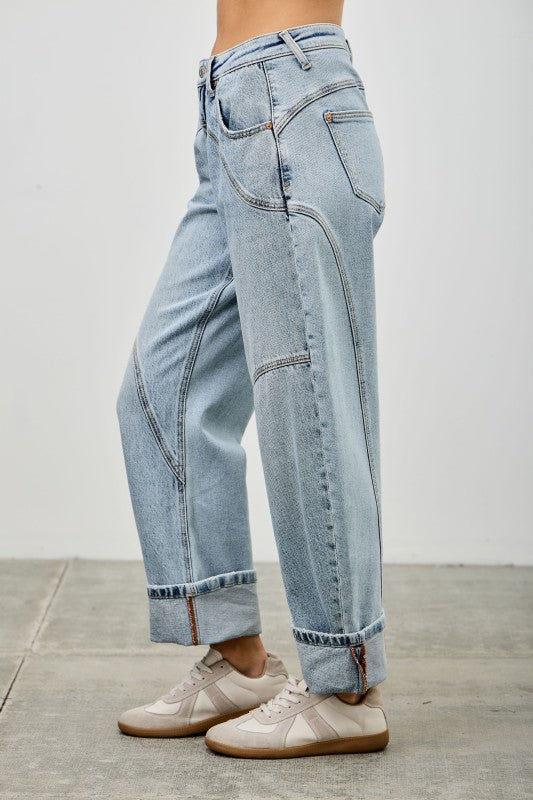 The Paige High Rise Barrel Wide Cuff Denim Light Wash