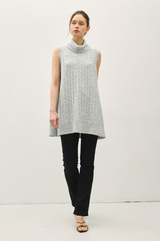 Good Day Cable Knit Cowl Neck Sleeveless Sweater Tunic Gray