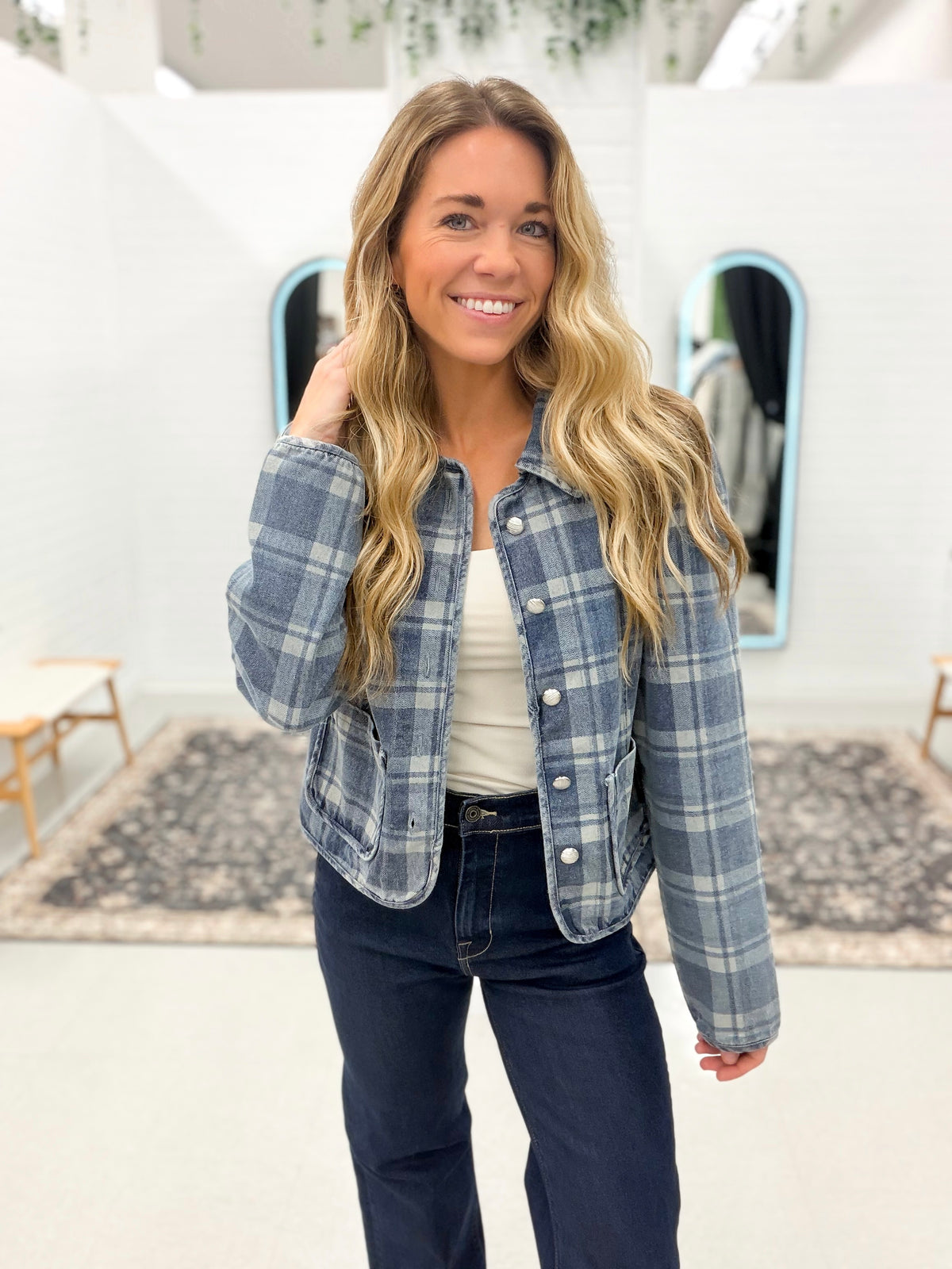 Stay Chic Denim Plaid Button Front Jacket