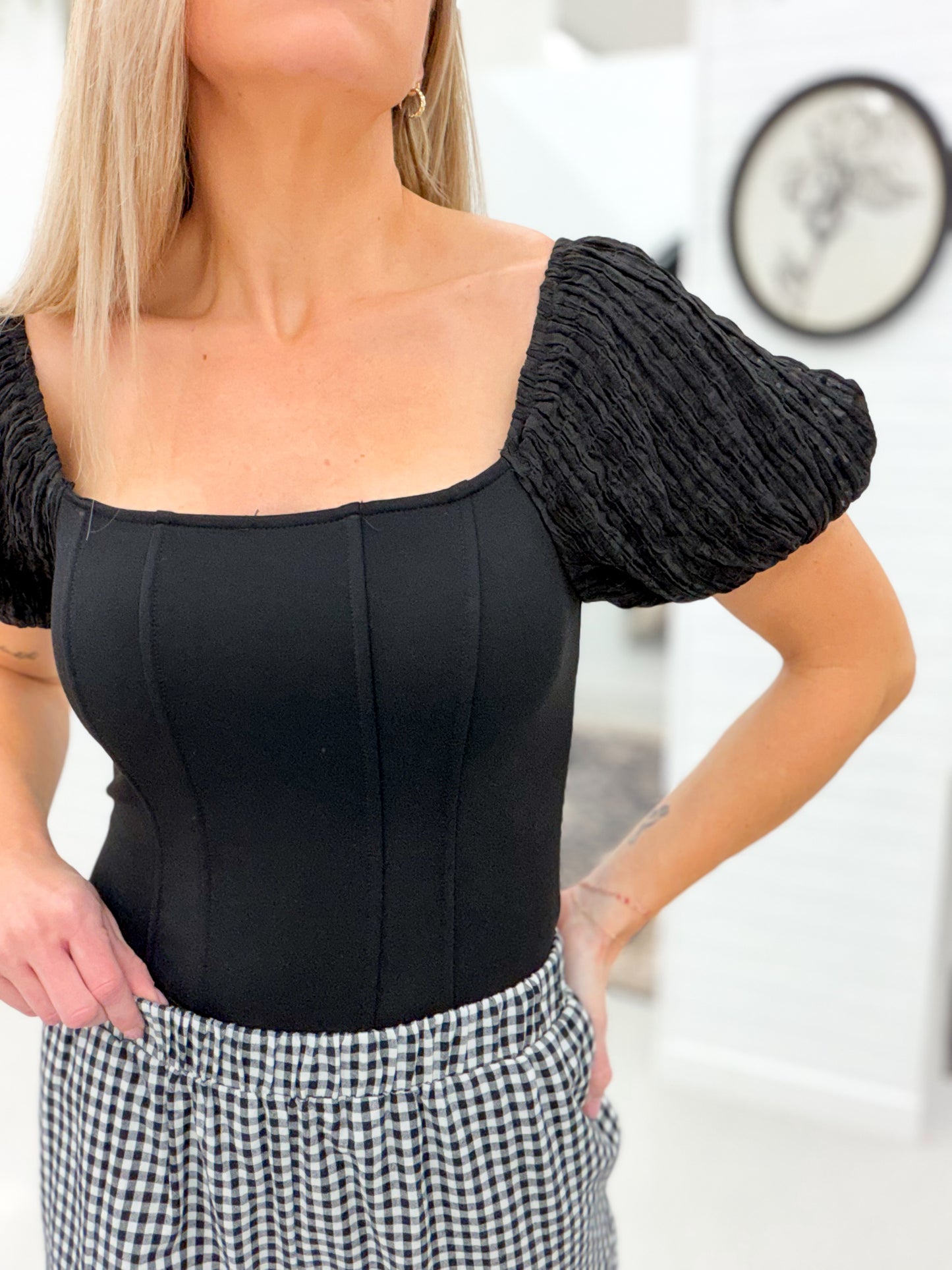 One Moment Puff Sleeve Bodysuit Black