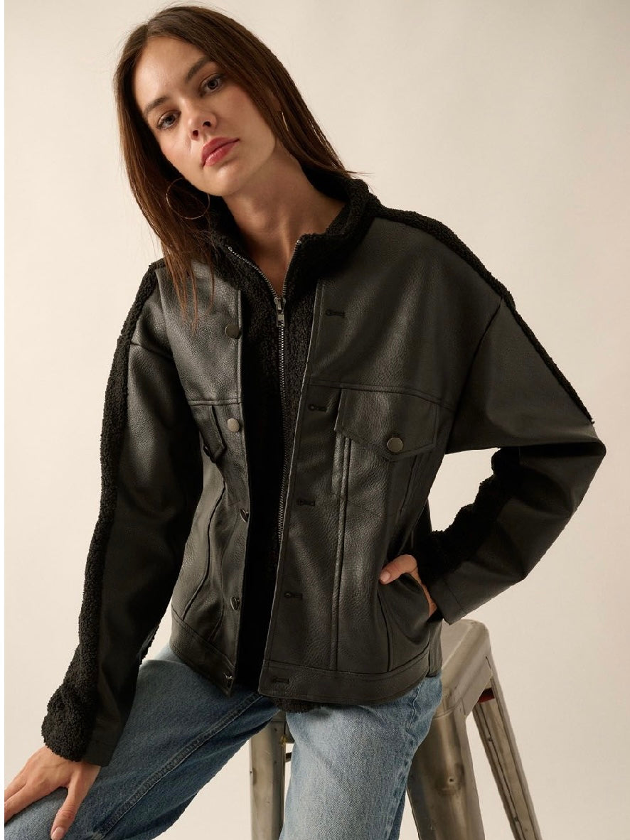 Edgy Chic Contrast Faux Leather Jacket
