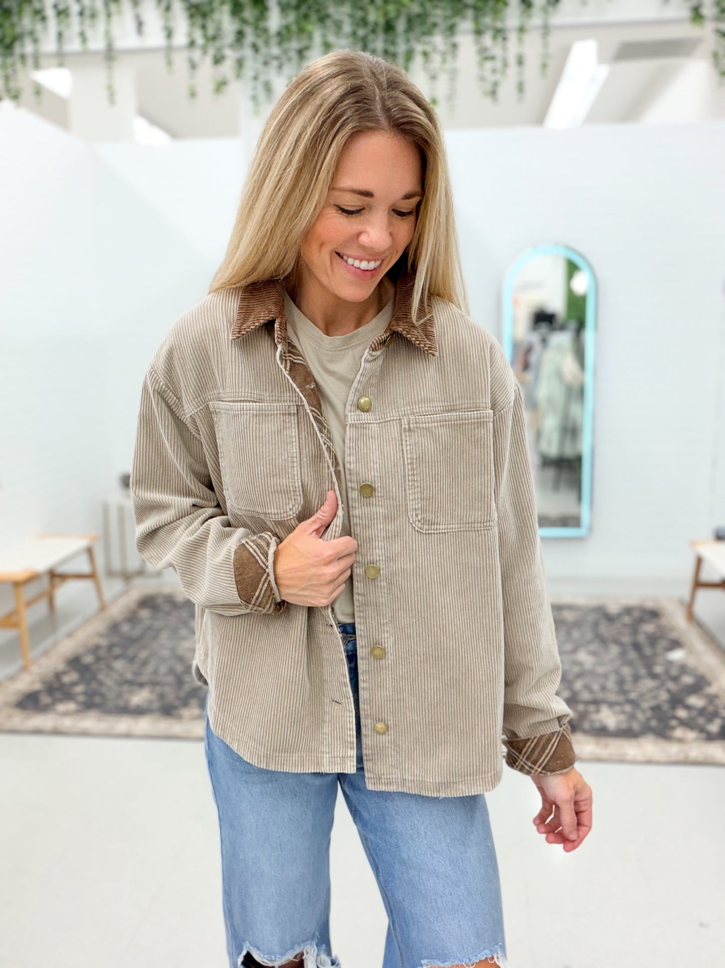 Overtime Plaid Contrast Washed Corduroy Jacket Taupe