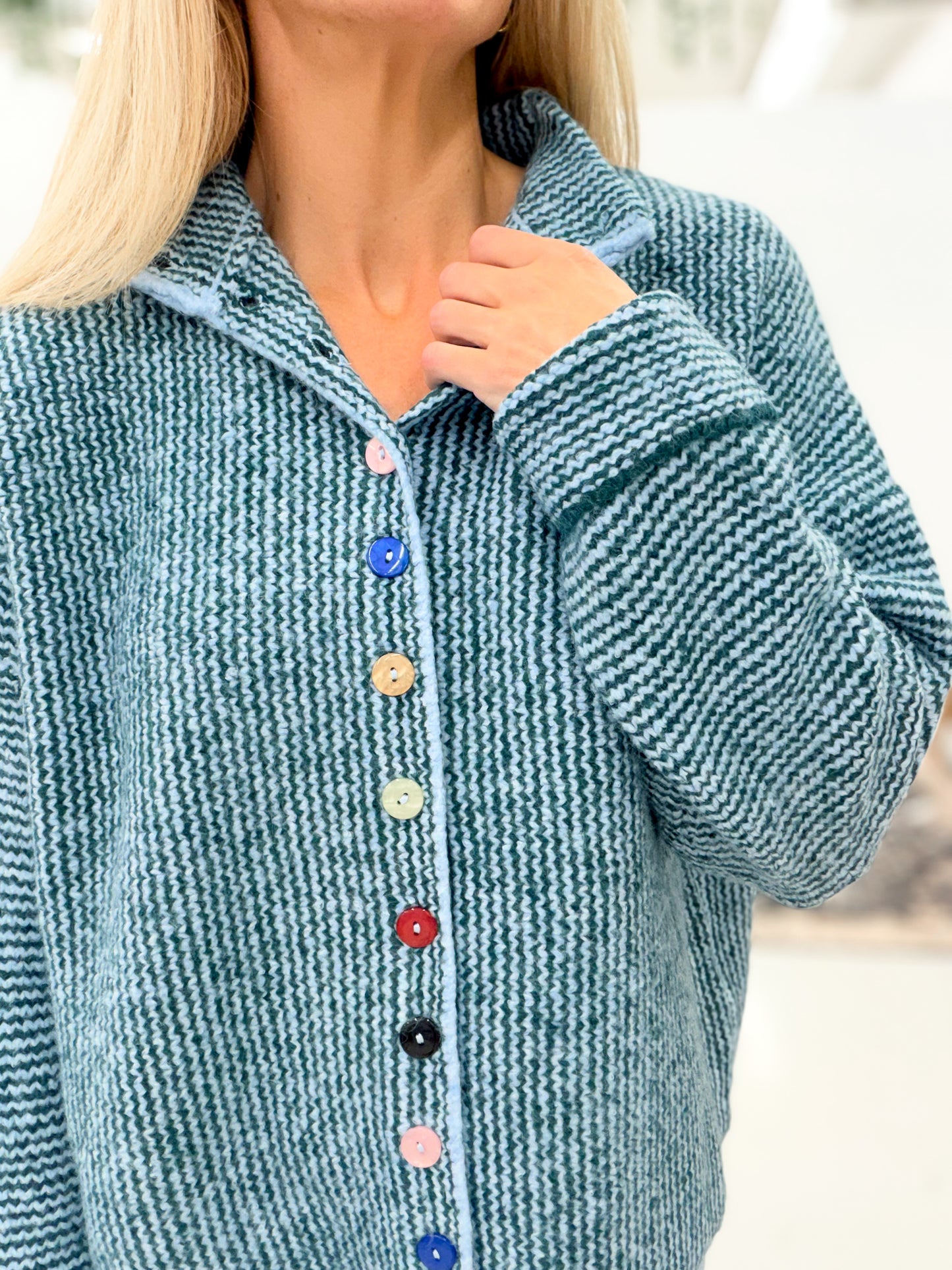 Like Her Blue Green Button Detail Sweater