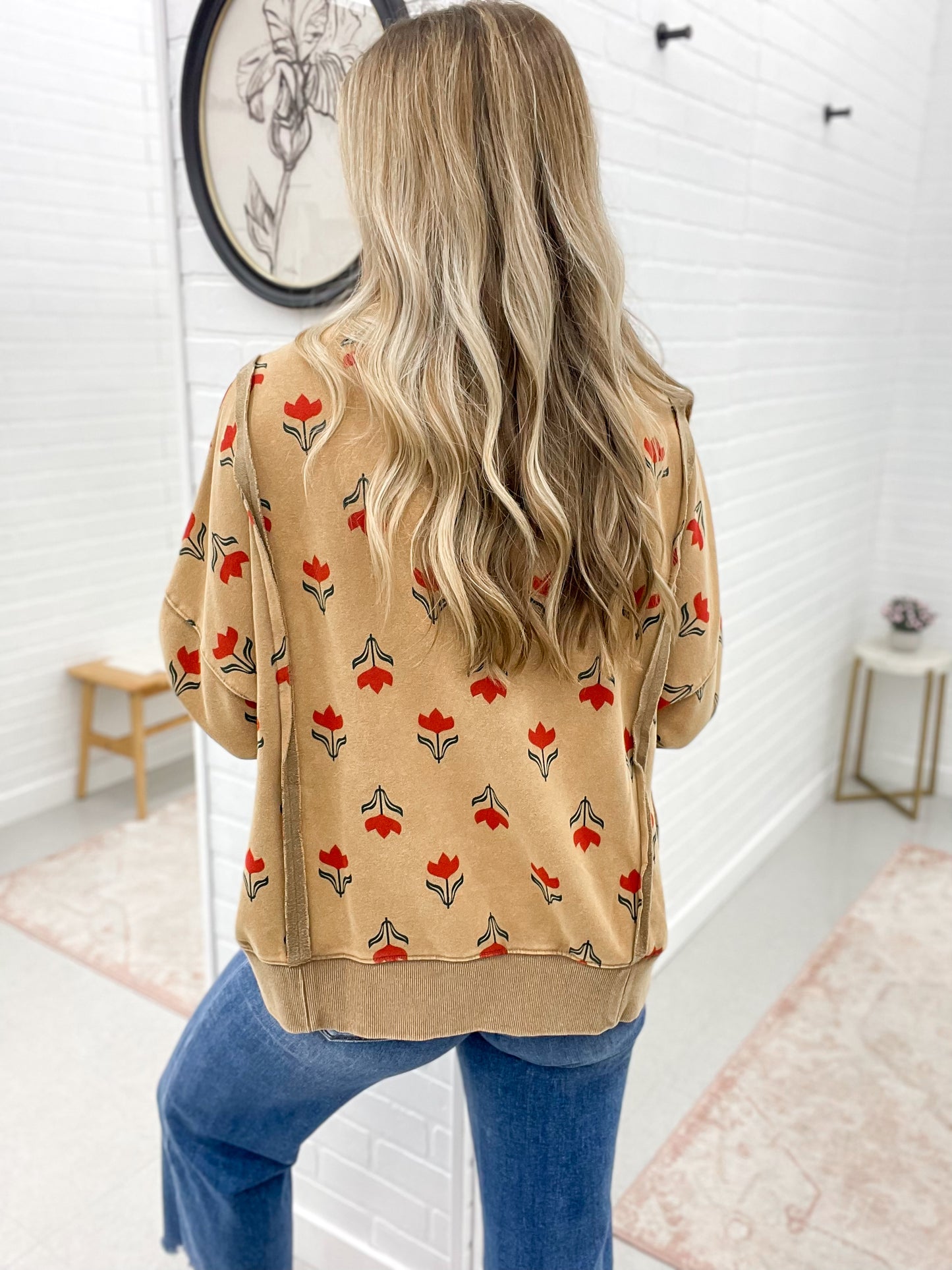 Rooted In Flower Print Mineral Wash Pullover Camel