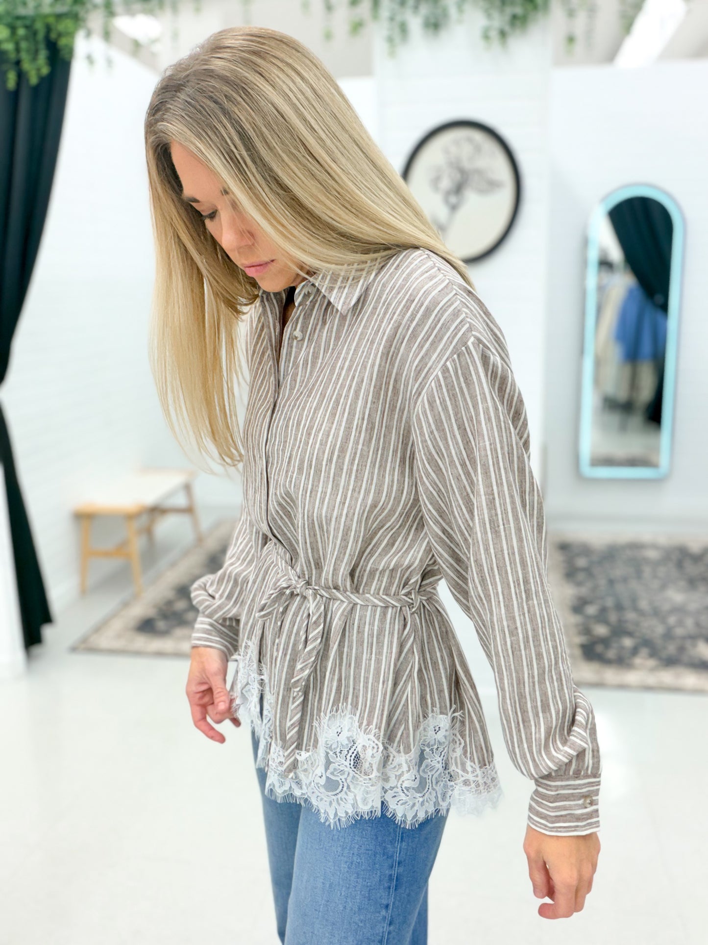 Jenna Lace Trim Striped Button Down Top Mocha Stripe
