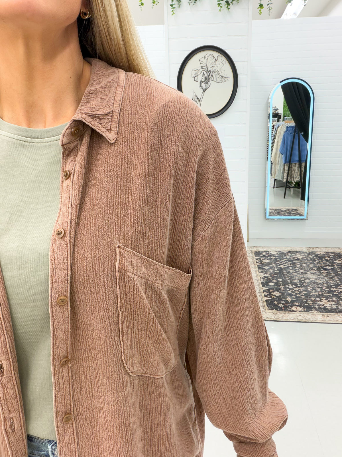 In Motion Long Sleeve Washed Button Down Mocha