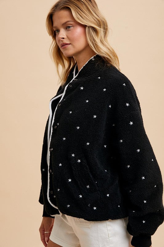 The Sadie Star Embroidered Fleece Jacket Black