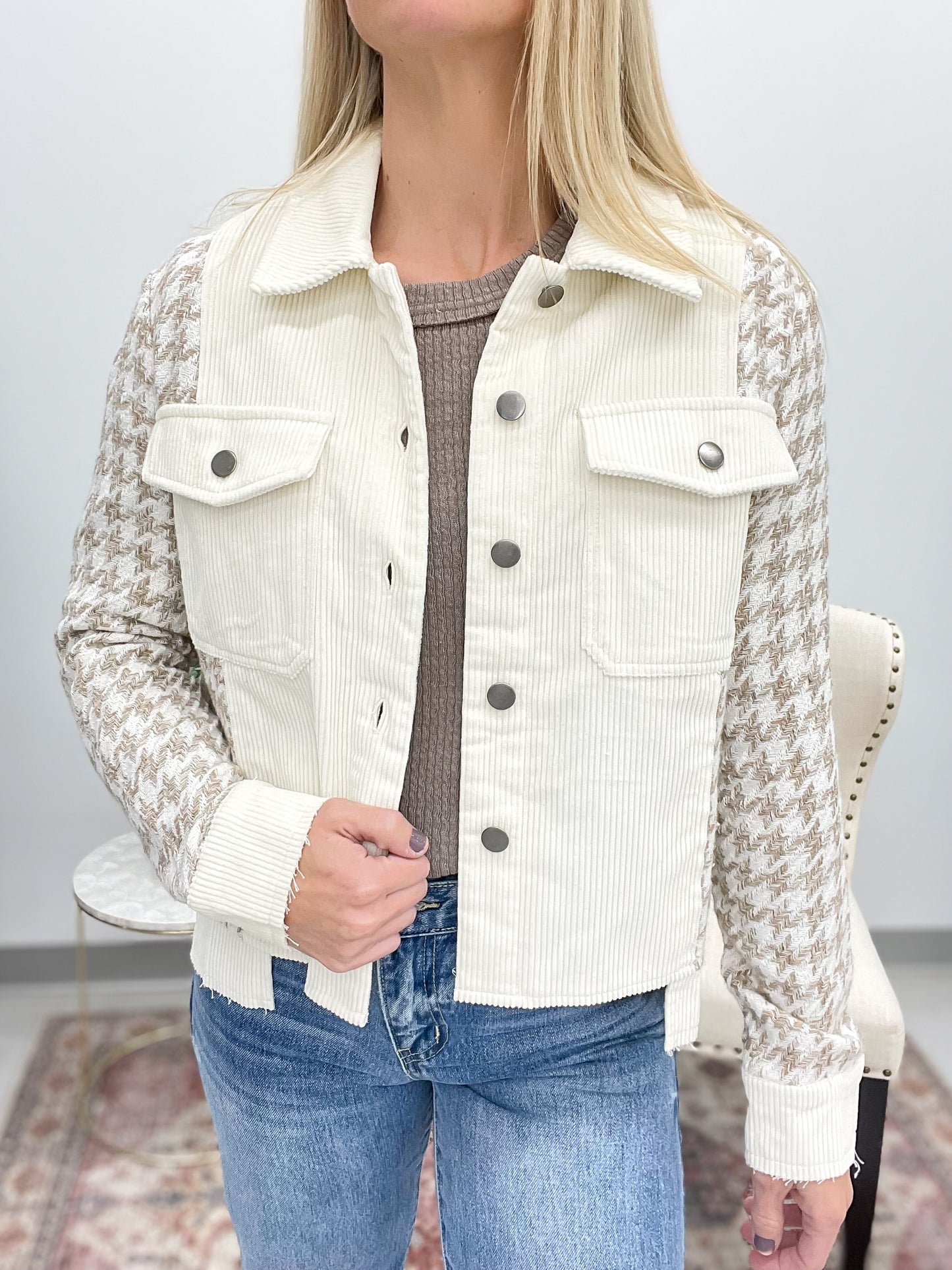 Simply Deluxe Houndstooth Corduroy Jacket Ivory